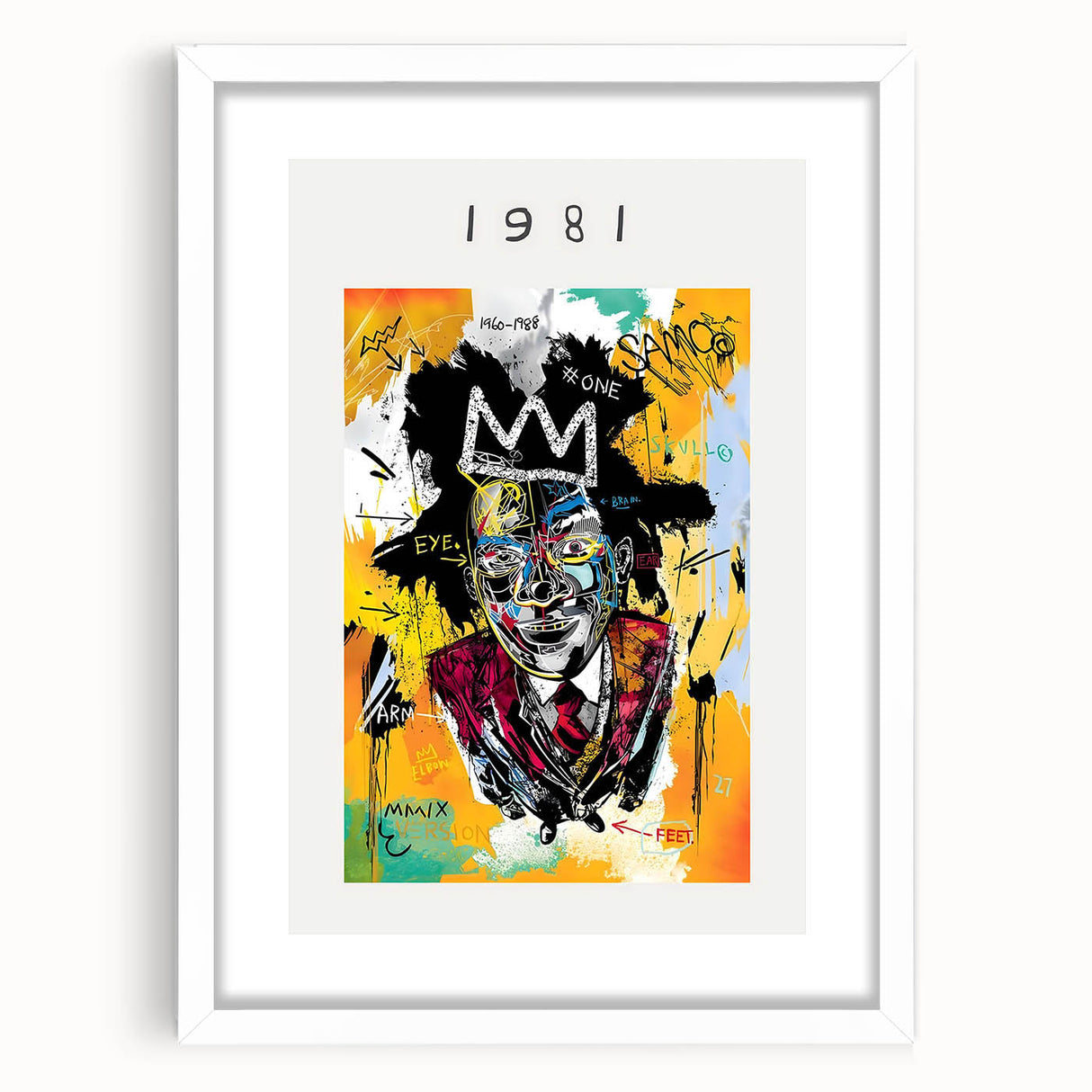 Abstract art print featuring vibrant, expressive brushstrokes in blue and red on a white framed canvas.