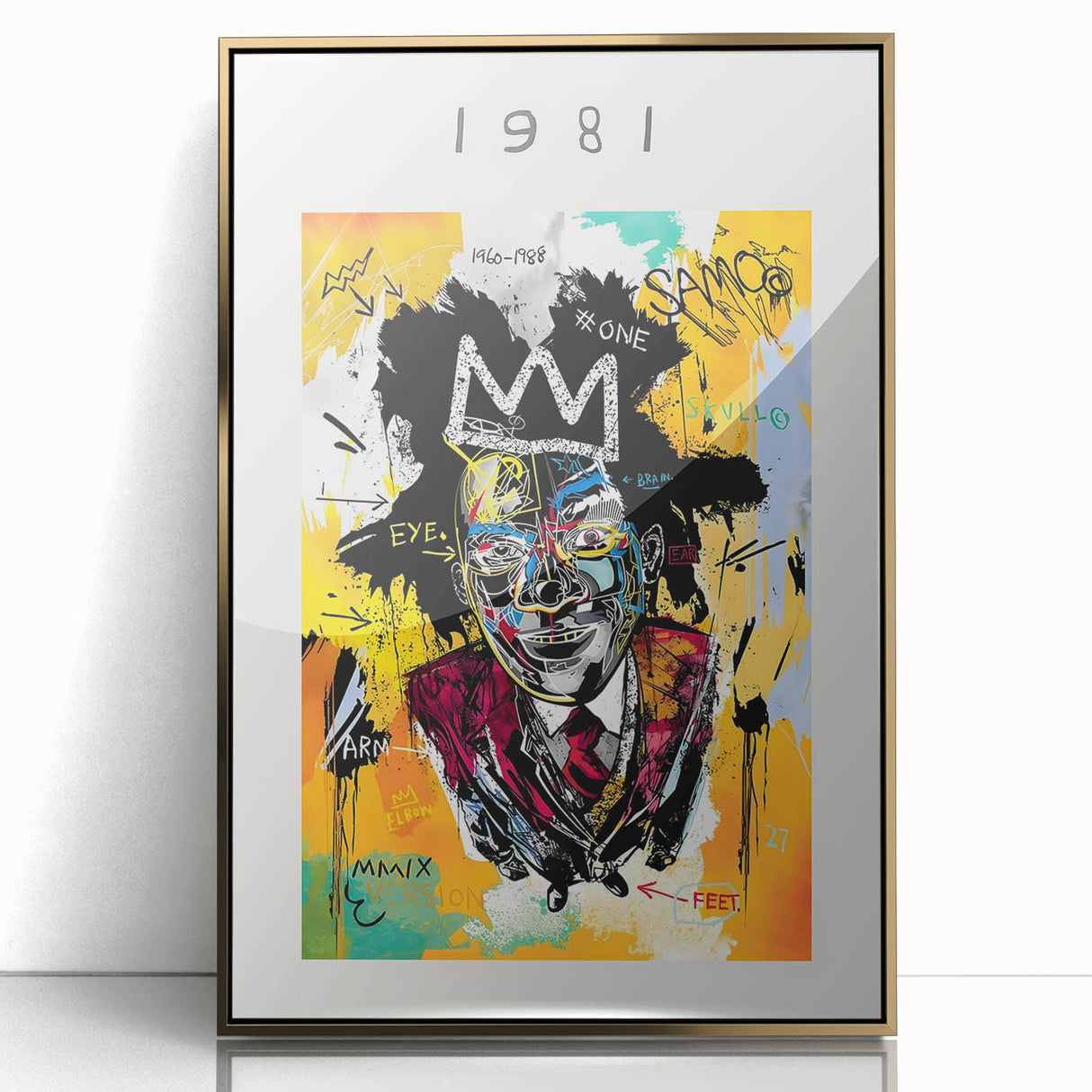 Large art print featuring a mid-century modernist Basquiat design with vibrant colors on a framed acrylic.