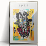 Mid-century modernist art featuring abstract figures in bold colors on a silver-framed acrylic print.