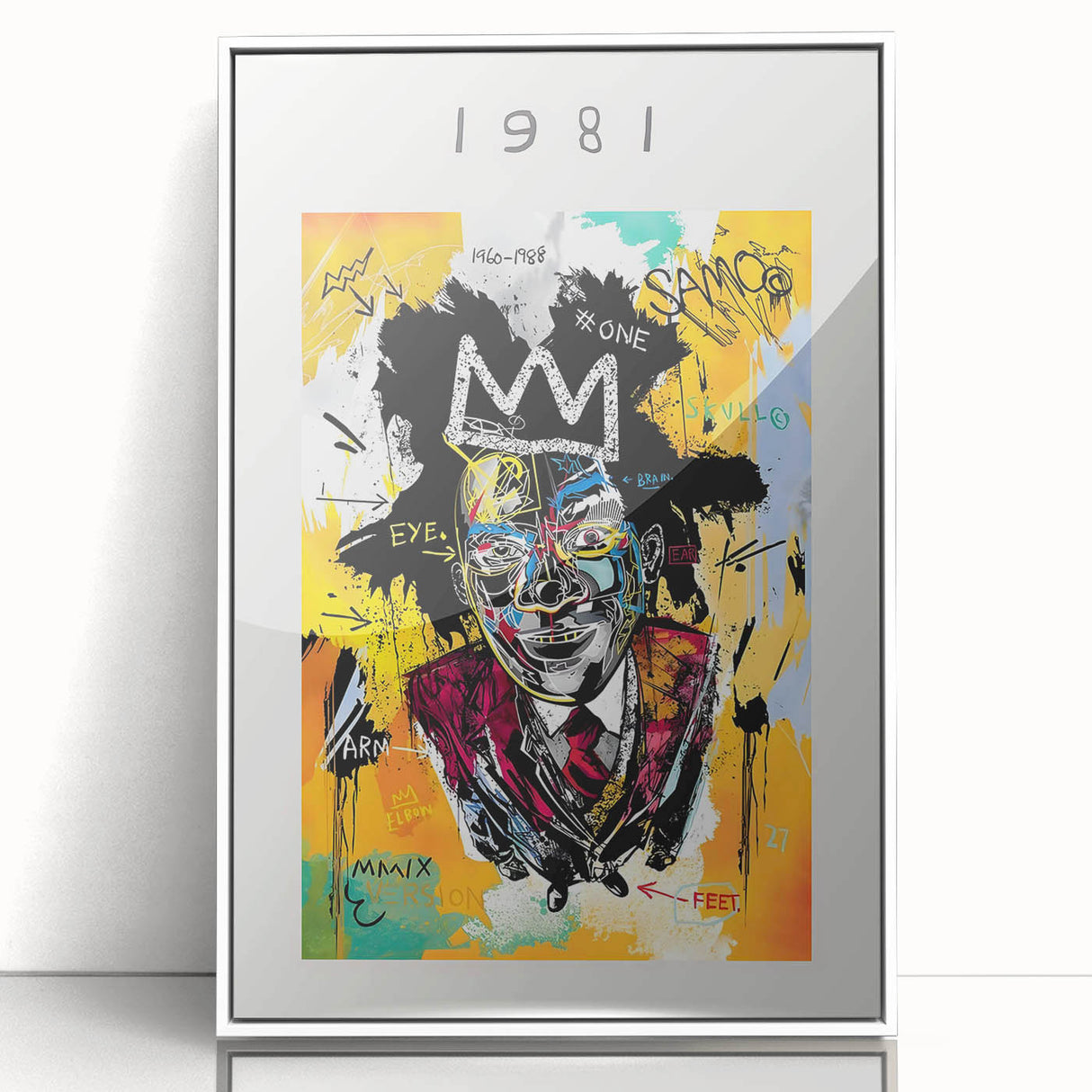 Modern art wall decor featuring an abstract Basquiat design in vibrant colors on a framed acrylic poster.