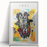 Modern art wall decor featuring an abstract Basquiat design in vibrant colors on a framed acrylic poster.
