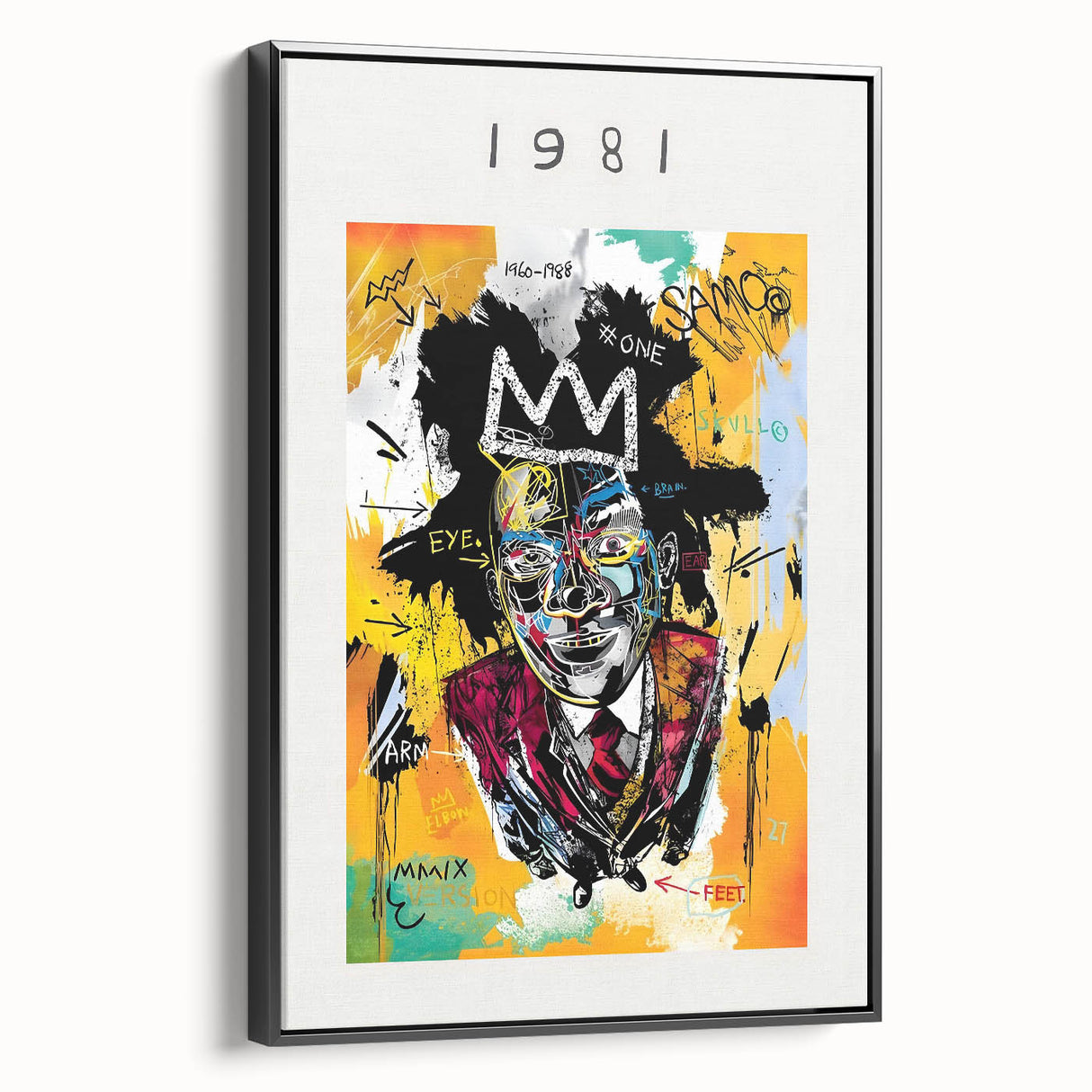 Black and white framed canvas featuring a contemporary Basquiat design, suitable for bedroom wall art.