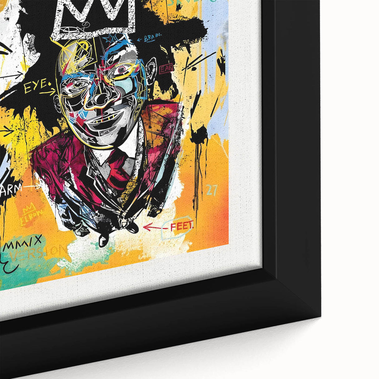 Extra large framed canvas featuring a textured, colorful abstract design on a black background.