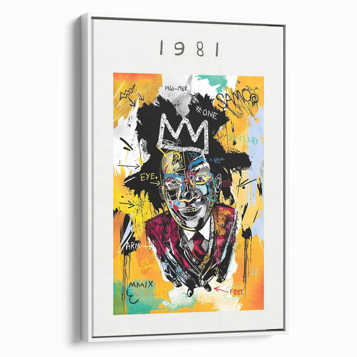 Vintage poster art featuring avant-garde Basquiat design in a white frame, vibrant colors on black background.