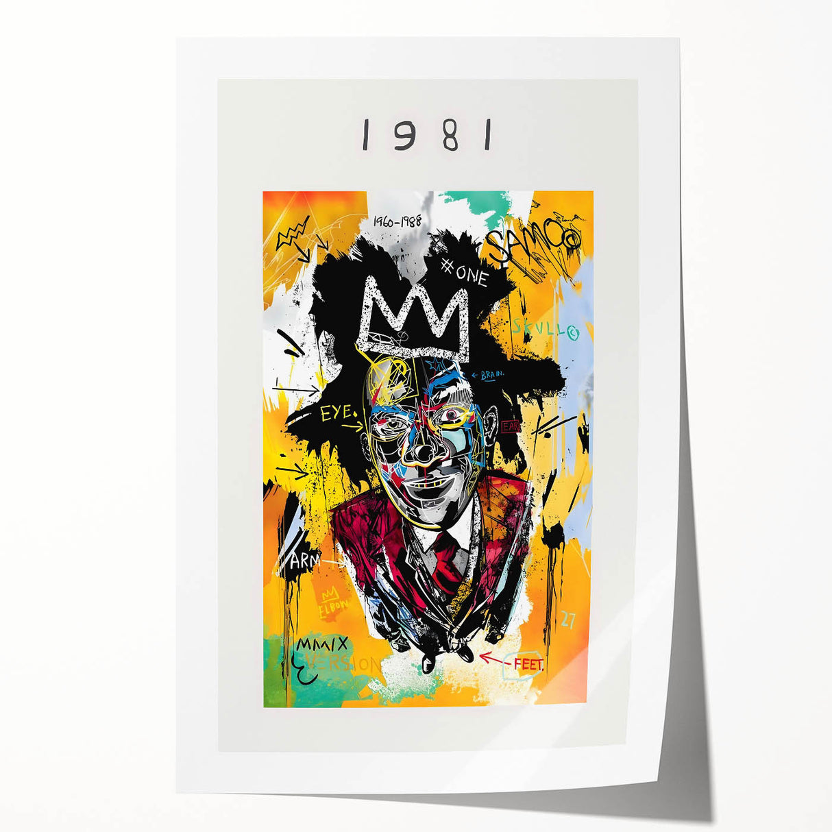 Extra large rolled print featuring a contemporary Basquiat design with vibrant colors, ideal for art wall dining room.