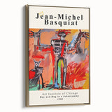 Avant-garde style Basquiat design on a framed canvas with bold black and gold colors, ideal for bedroom wall art.