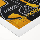Art deco poster featuring geometric shapes in muted gold and navy tones on rolled canvas, suitable for dining room decor.