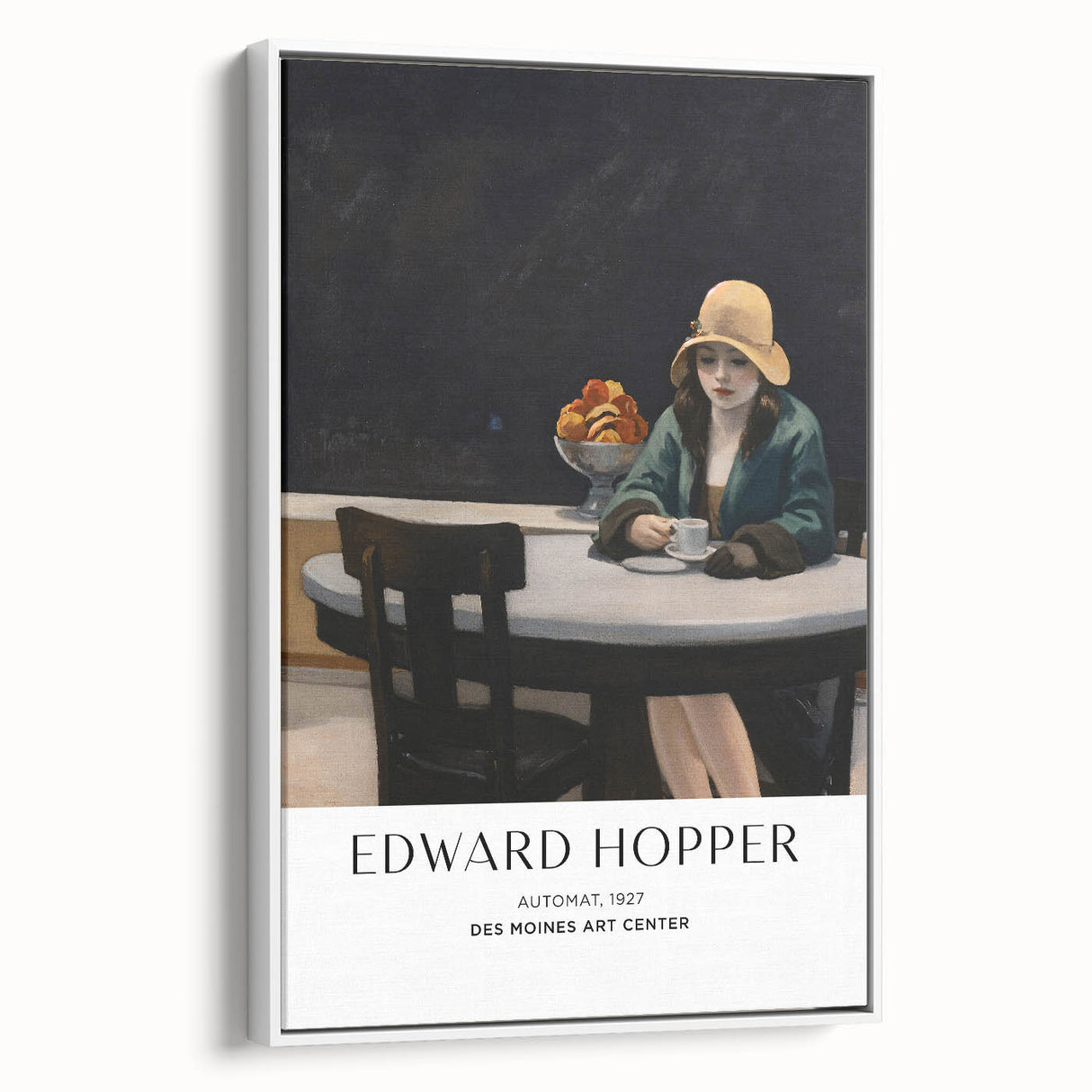 Vintage poster art featuring a black and colorful Edward Hopper design on a framed canvas, ideal for living room decor.
