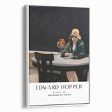 Vintage poster art featuring a black and colorful Edward Hopper design on a framed canvas, ideal for living room decor.