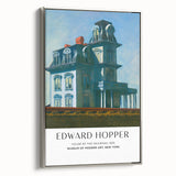 Framed canvas depicting an Edward Hopper-style landscape, with muted colors, ideal for a vintage-inspired living room.