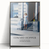 Mid-century modernist art of a cityscape in muted blue and gray tones, framed acrylic, ideal for modern art wall decor.