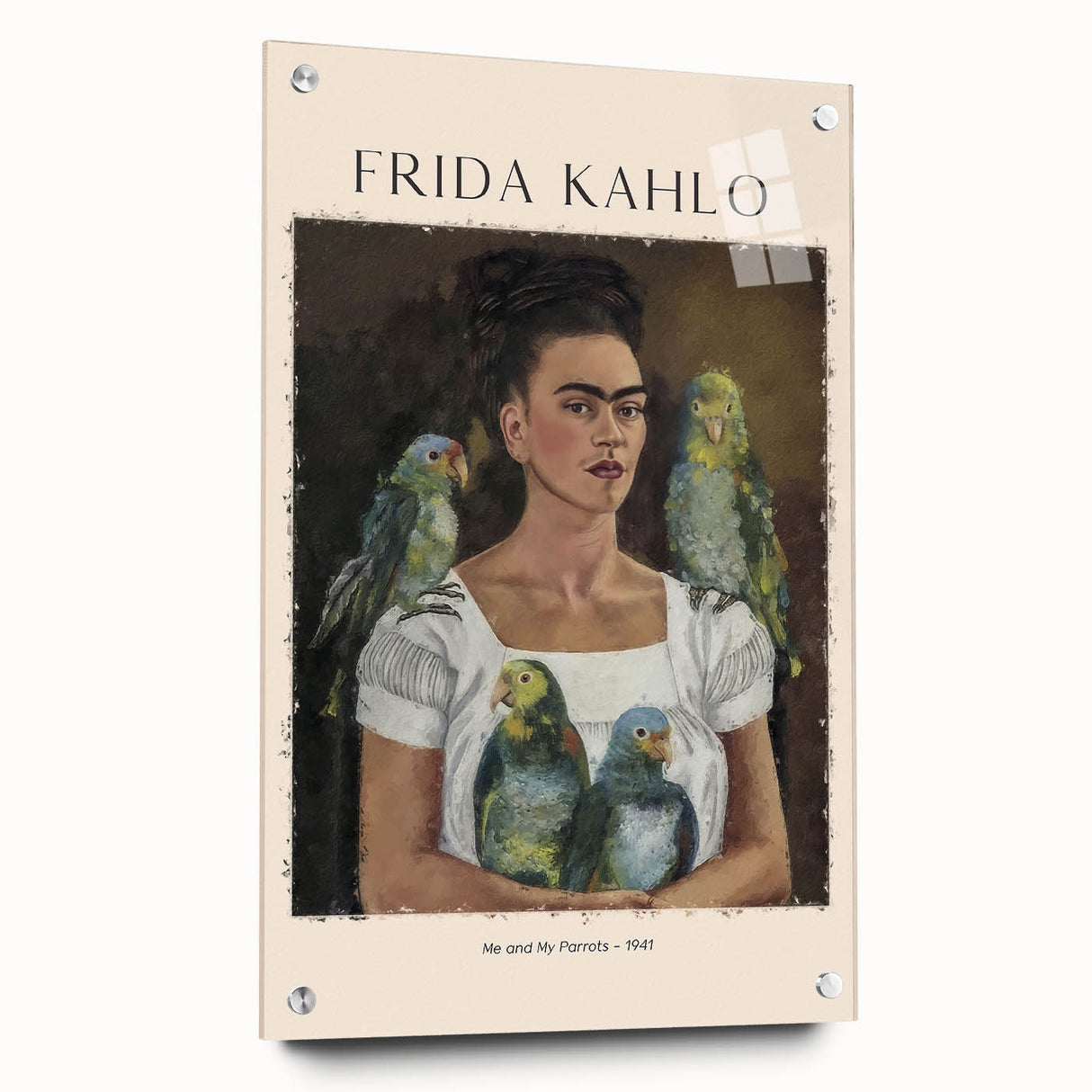Acrylic glass print of a contemporary Frida Kahlo inspired design in vivid colors, ideal for bedroom or dining room decor.