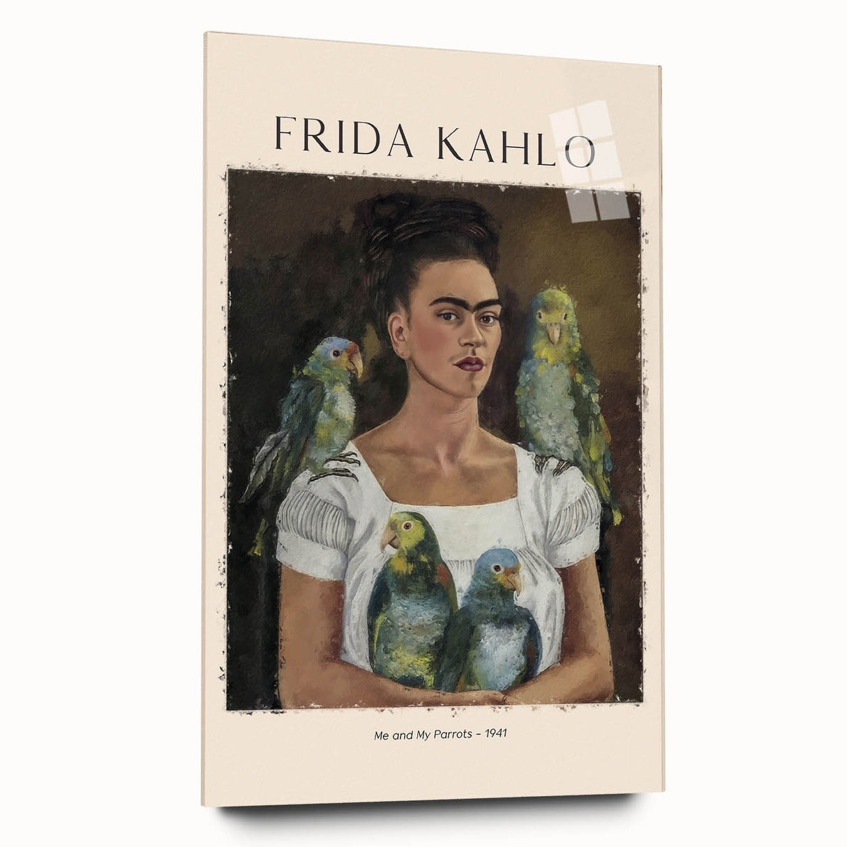 Side view of a large abstract acrylic print featuring a modern reinterpretation of Frida Kahlo.
