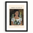 Colorful abstract art print of Frida Kahlo with textured details on a large black framed canvas, ideal for living room decor.