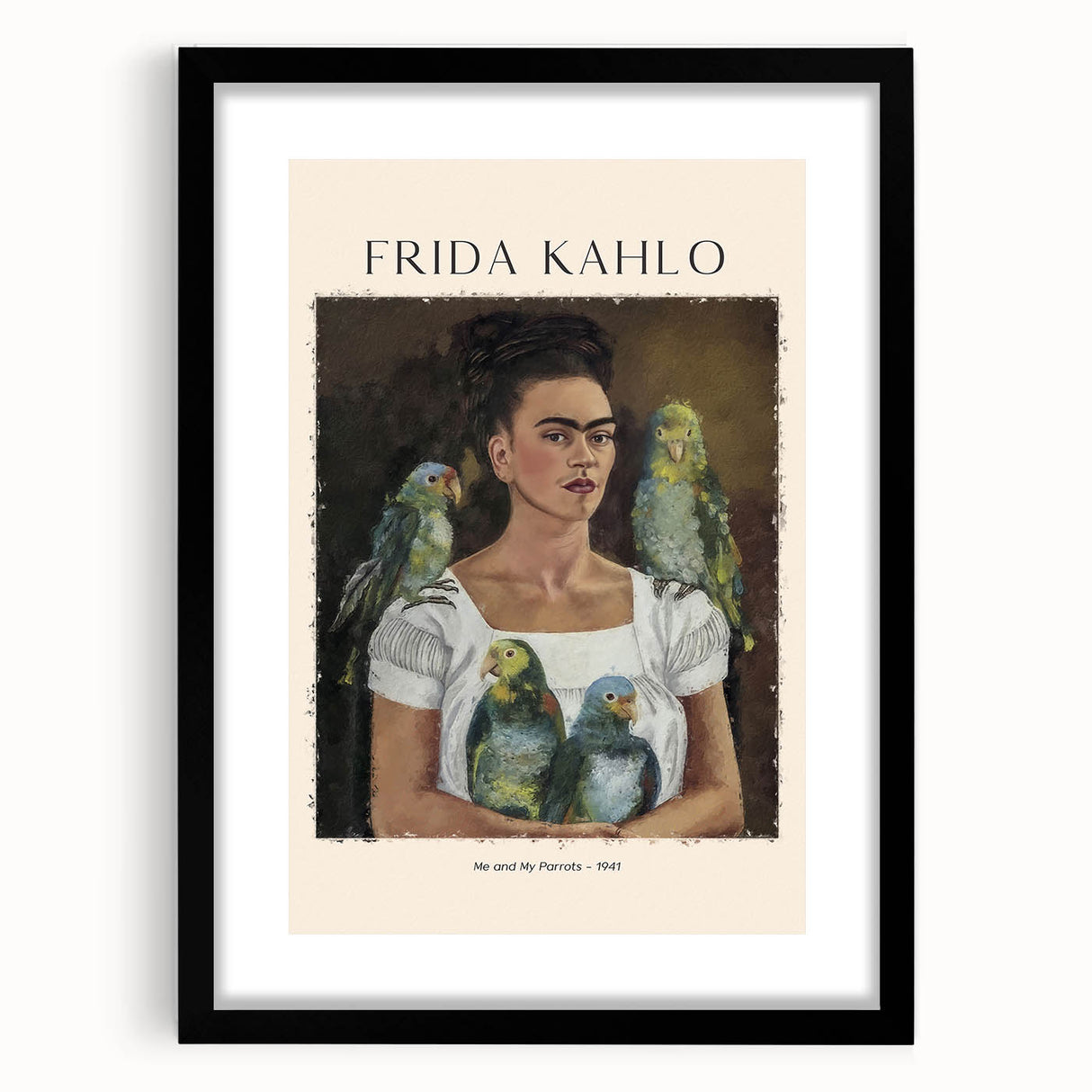 Colorful abstract art print of Frida Kahlo with textured details on a large black framed canvas, ideal for living room decor.