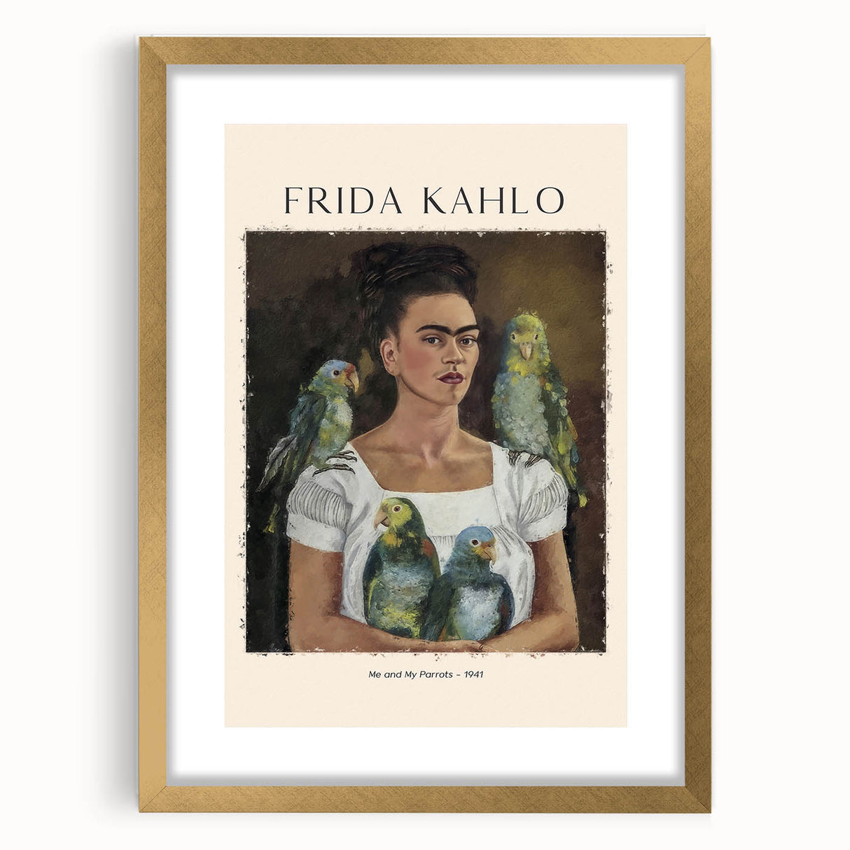 Extra large wall art featuring a textured abstract print of Frida Kahlo in muted gold and earth tones.