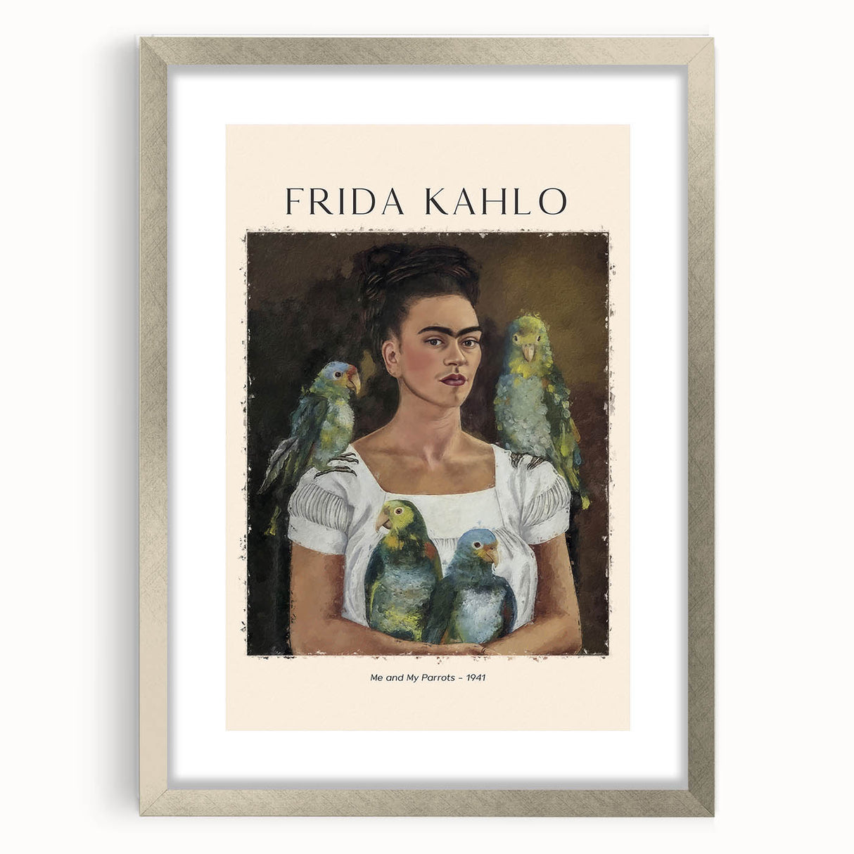 Textured art print of Frida Kahlo in abstract style, featuring vibrant colors on a silver-framed canvas.