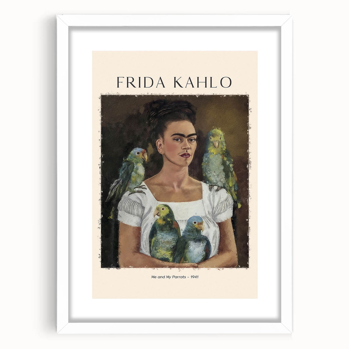 Abstract art print of Frida Kahlo in muted colors on a white framed canvas, ideal for bedroom or dining room decor.