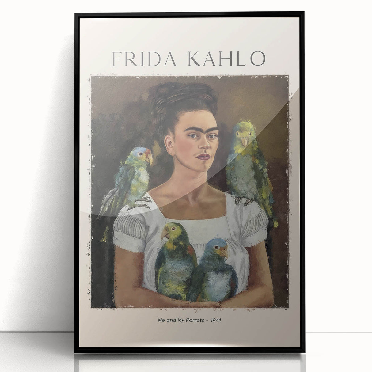 Large abstract wall art of Frida Kahlo in muted tones, framed in black acrylic, suitable for modern living room decor.
