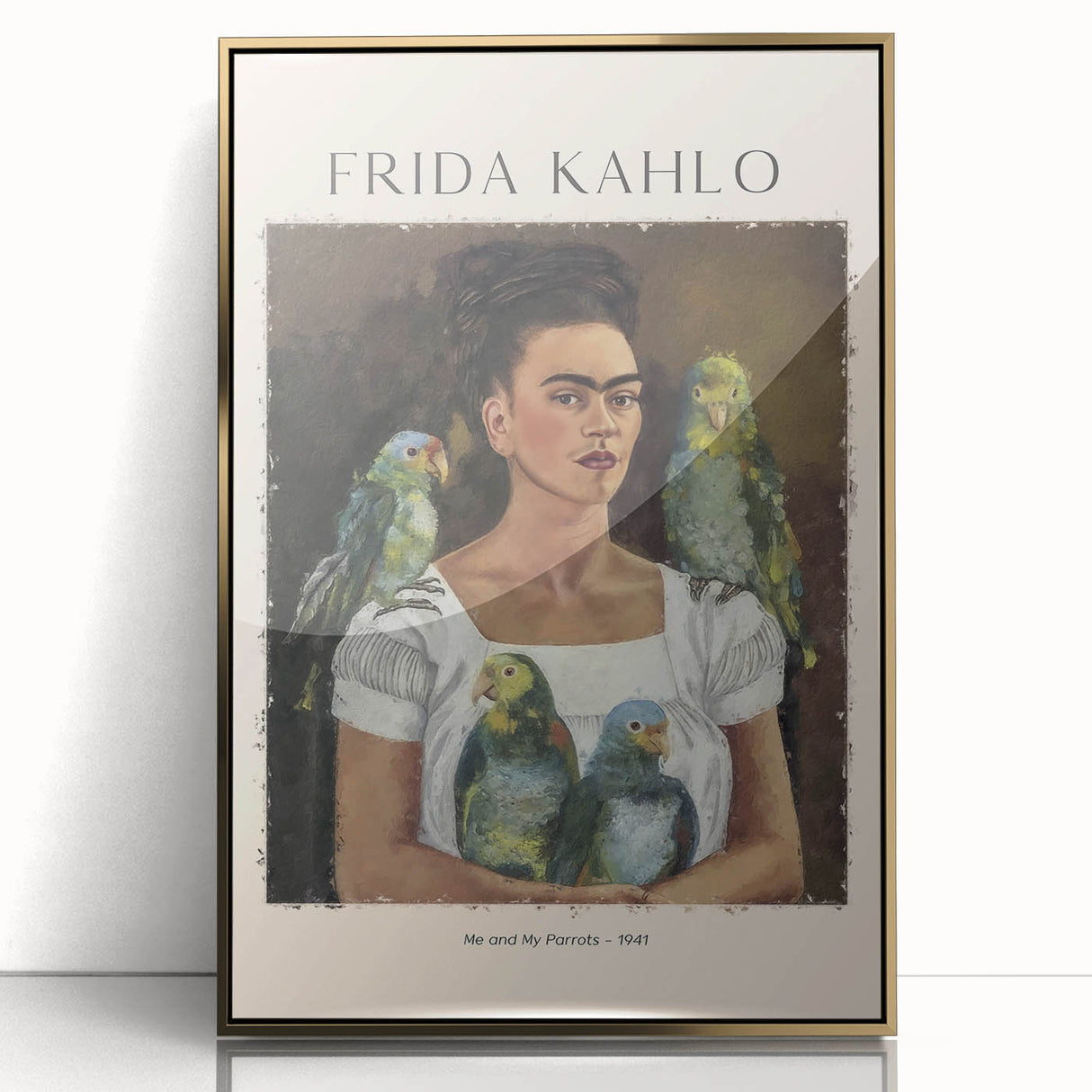 Mid-century modernist style Frida Kahlo portrait in gold frame, ideal for nursery wall art.
