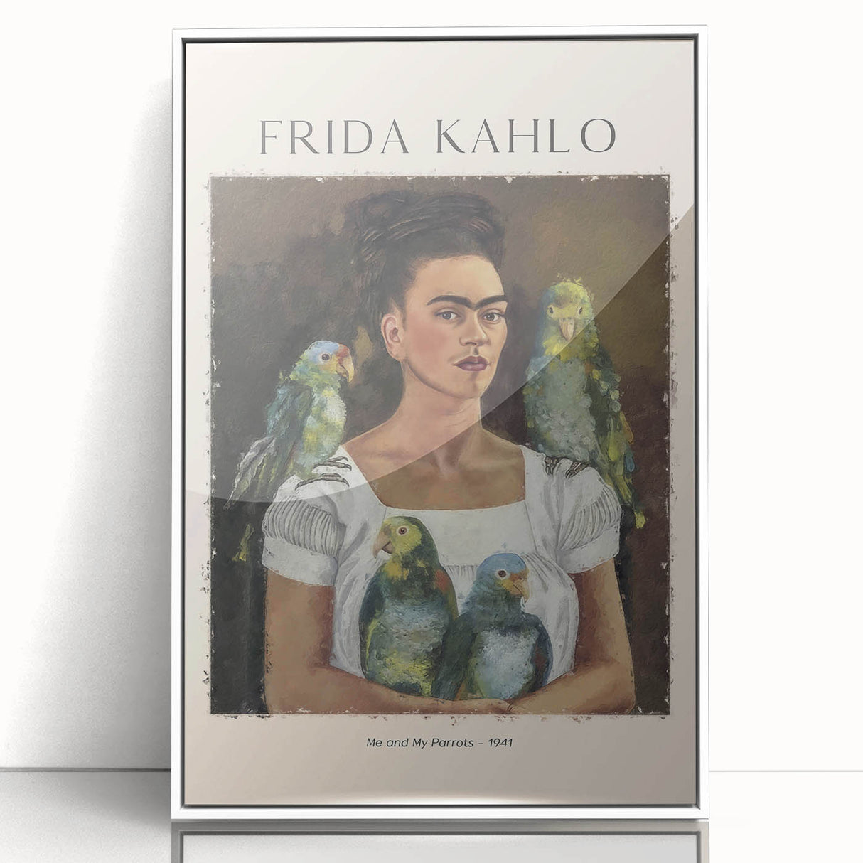 Acrylic print of a modern art depiction of Frida Kahlo in art deco style, framed in white, suitable for nursery wall art.