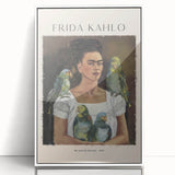 Acrylic print of a modern art depiction of Frida Kahlo in art deco style, framed in white, suitable for nursery wall art.