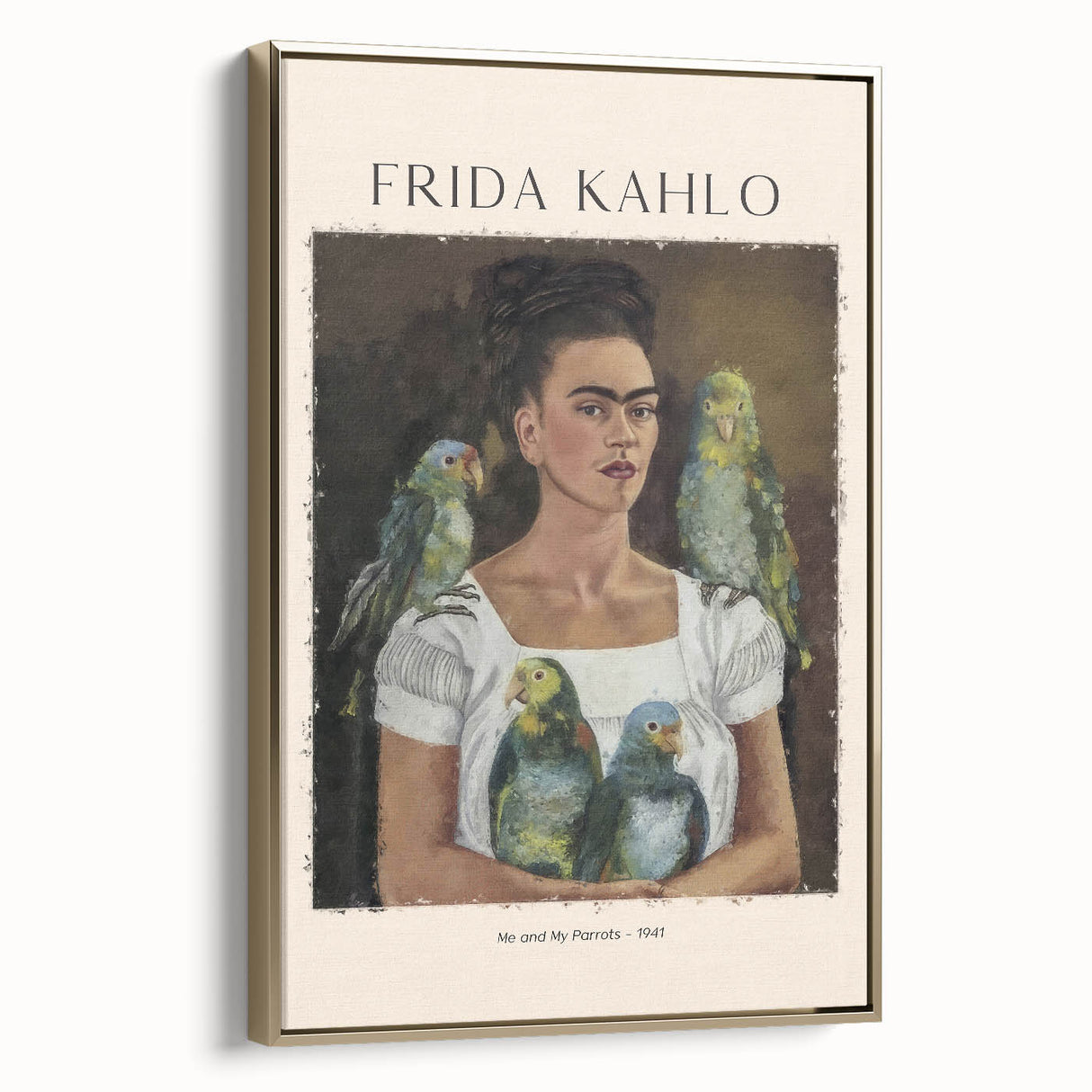 Framed canvas of a contemporary Frida Kahlo design in gold and black tones, ideal for bedroom wall art.