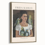Framed canvas of a contemporary Frida Kahlo design in gold and black tones, ideal for bedroom wall art.