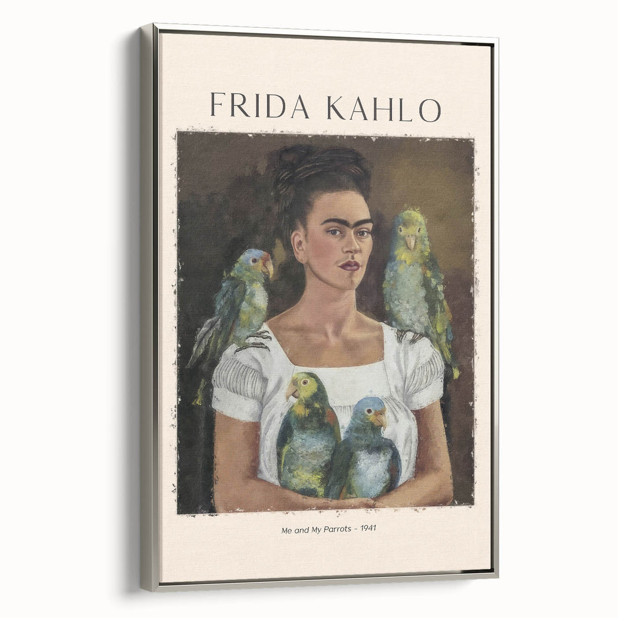 Framed canvas featuring a colorful, avant-garde depiction of Frida Kahlo, ideal for adding a vintage touch to any room.