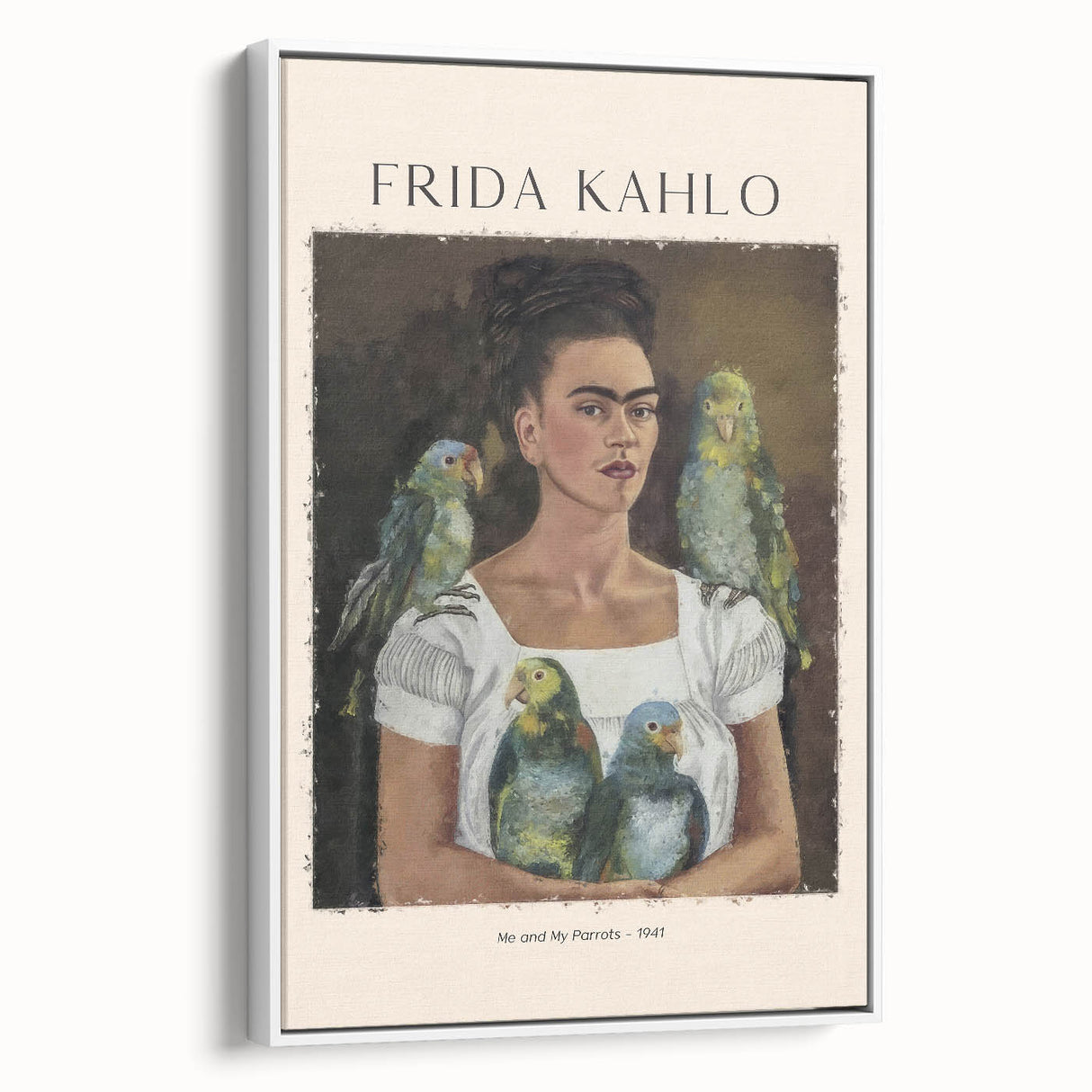 Vintage poster art featuring a colorful Frida Kahlo portrait on a large framed canvas, ideal for living room decor.