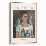 Vintage poster art featuring a colorful Frida Kahlo portrait on a large framed canvas, ideal for living room decor.