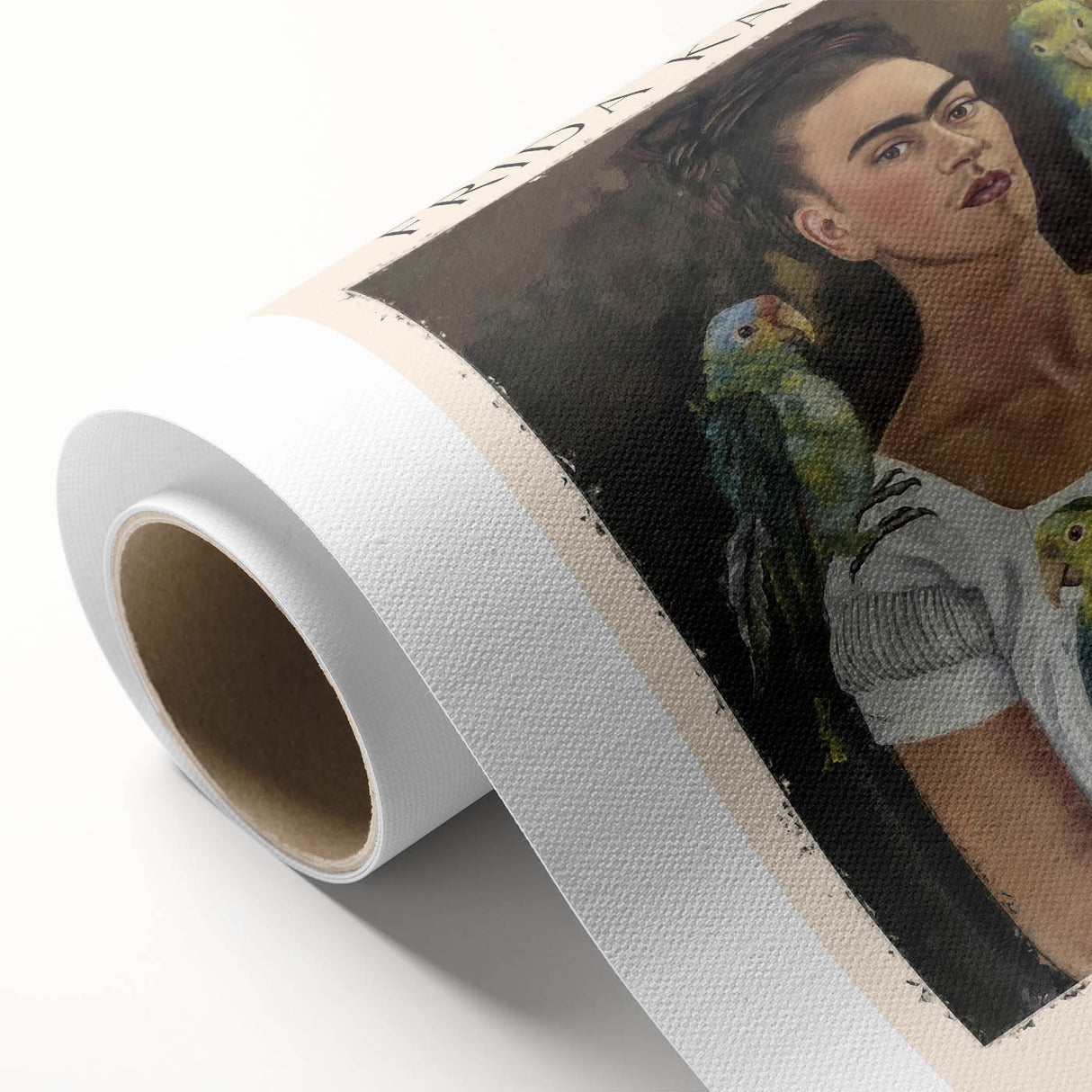 Art deco style poster of Frida Kahlo with vibrant colors on rolled canvas, suitable as nursery wall art.