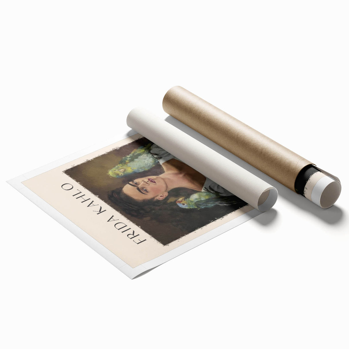 Extra large wall art featuring a contemporary Frida Kahlo portrait in vibrant colors on a rolled print.