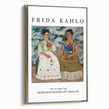 Framed canvas of a black and white vintage poster-style portrait of Frida Kahlo, ideal for bedroom wall art.