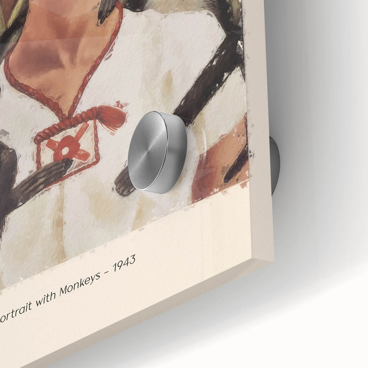 Mid-century modernist acrylic print of Frida Kahlo in muted tones, ideal for dining room art.