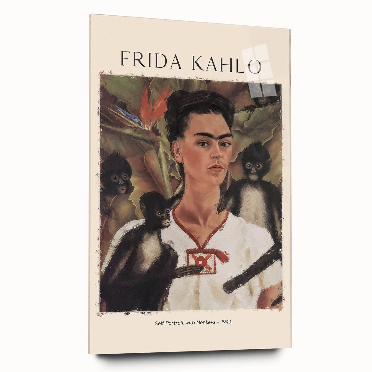 Acrylic print of a contemporary Frida Kahlo-inspired design in vibrant colors, ideal for bedroom or dining room art.