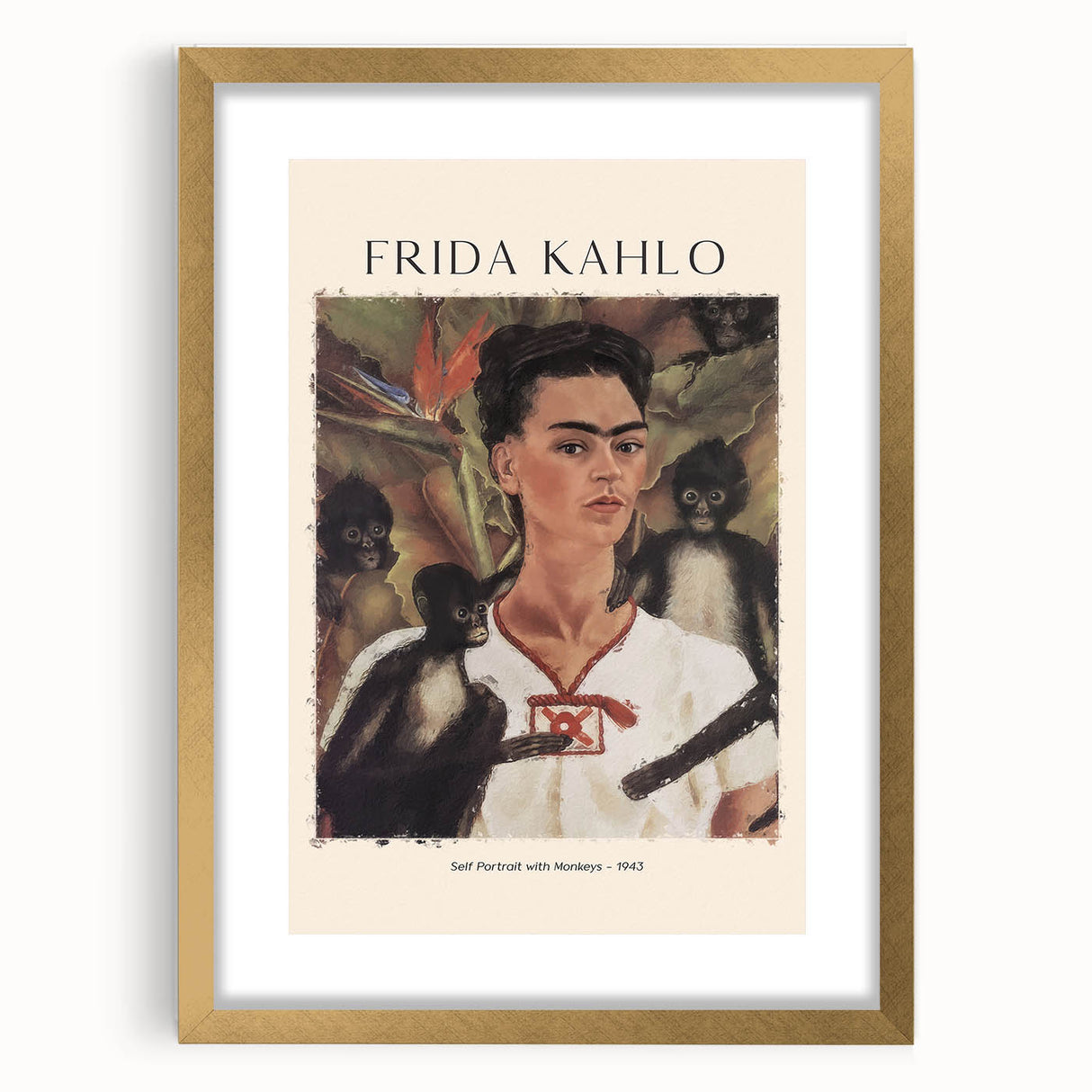 Extra large wall art featuring an abstract print of Frida Kahlo in textured gold tones, ideal for living room decor.