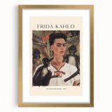 Extra large wall art featuring an abstract print of Frida Kahlo in textured gold tones, ideal for living room decor.