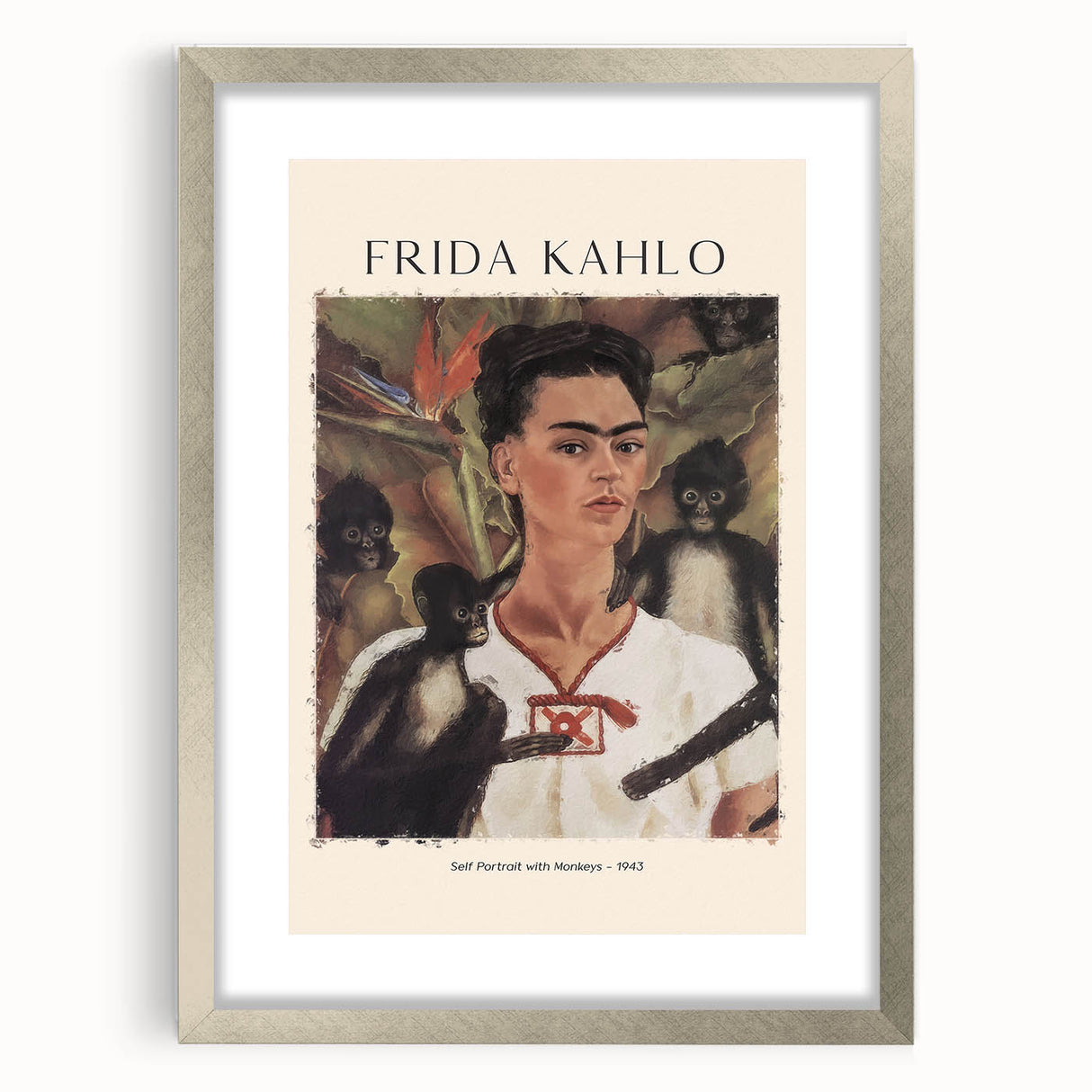 Textured art print of an abstract Frida Kahlo portrait in muted colors, framed in silver, ideal for bedroom art.