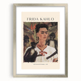 Textured art print of an abstract Frida Kahlo portrait in muted colors, framed in silver, ideal for bedroom art.