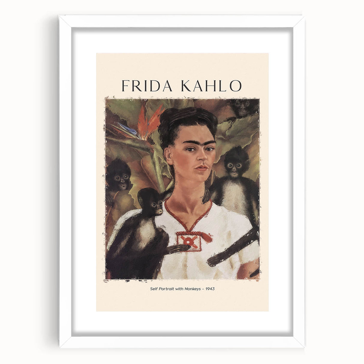 Abstract art print of Frida Kahlo in muted colors on a white framed canvas, ideal for bedroom or dining room decor.