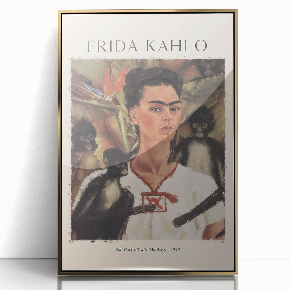 Large art print of a mid-century modernist Frida Kahlo portrait in gold acrylic frame, ideal for modern art wall decor.
