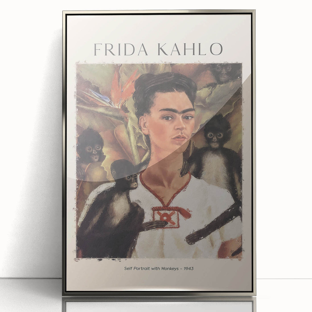 Mid-century modernist art deco poster of Frida Kahlo in muted tones on a framed acrylic, suitable for nursery wall art.