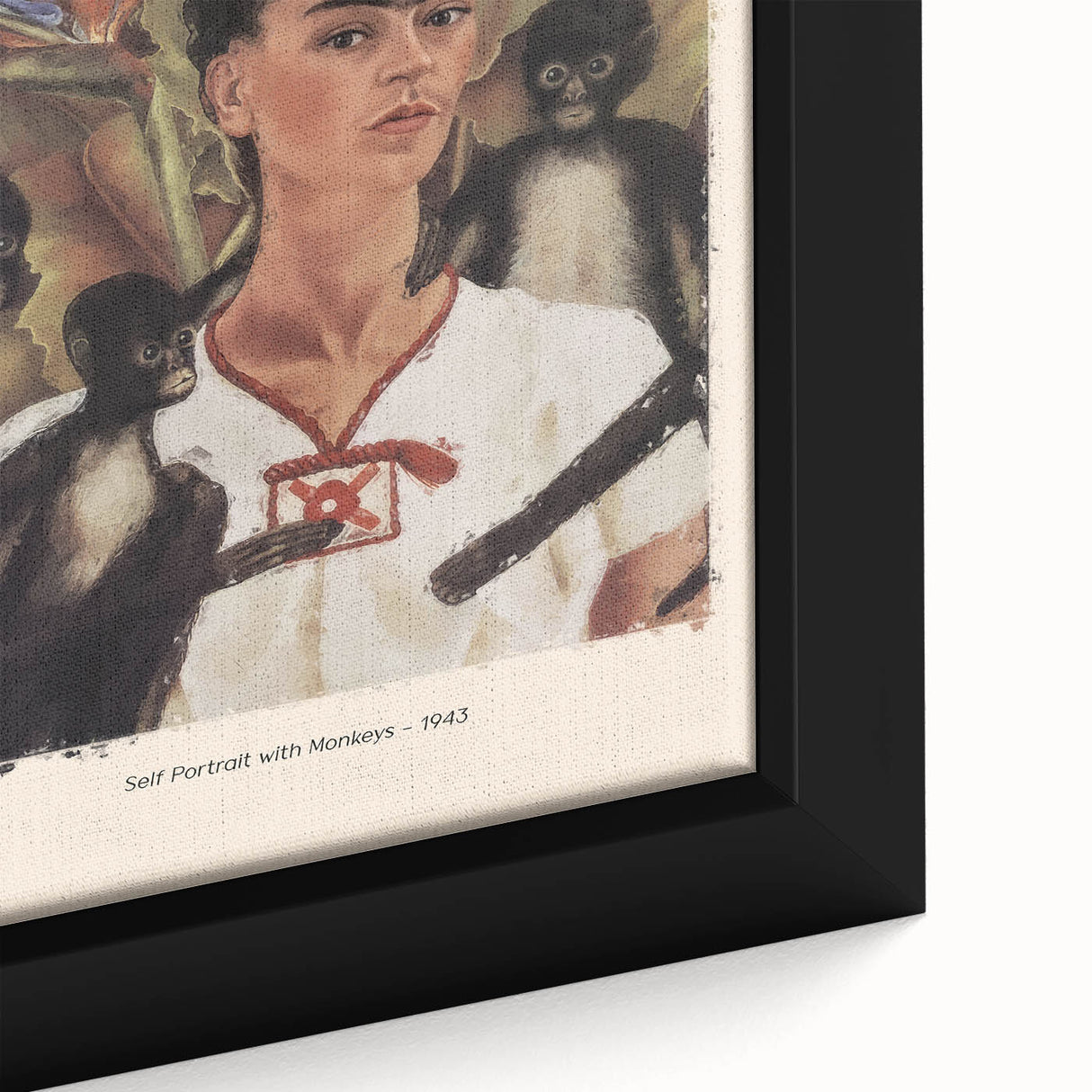 Close-up of a textured Frida Kahlo portrait in black with colorful accents on a large framed canvas.