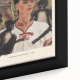 Close-up of a textured Frida Kahlo portrait in black with colorful accents on a large framed canvas.