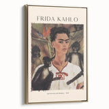 Framed canvas featuring a modern interpretation of Frida Kahlo in monochrome black, ideal for bedroom wall art.