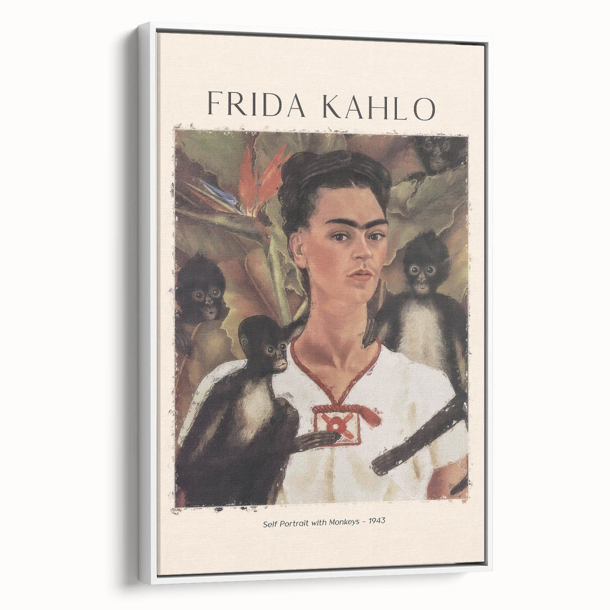 Framed canvas featuring a vintage poster art of Frida Kahlo in colorful attire against a black background.