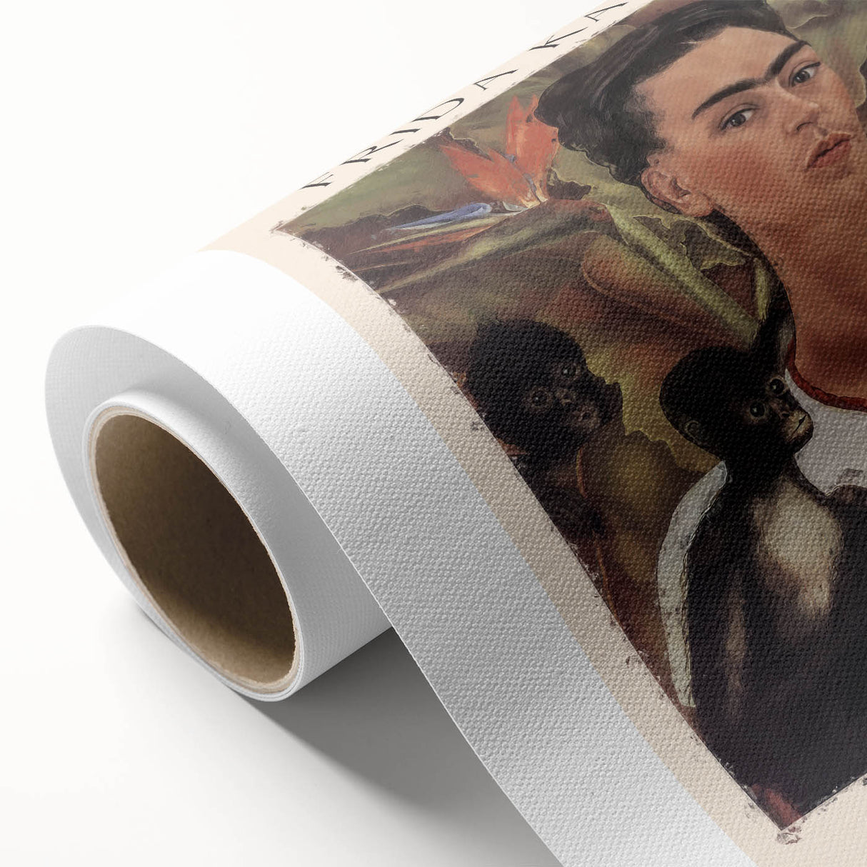 Art deco style poster of Frida Kahlo on rolled canvas, featuring vibrant color palette, ideal for nursery wall art.