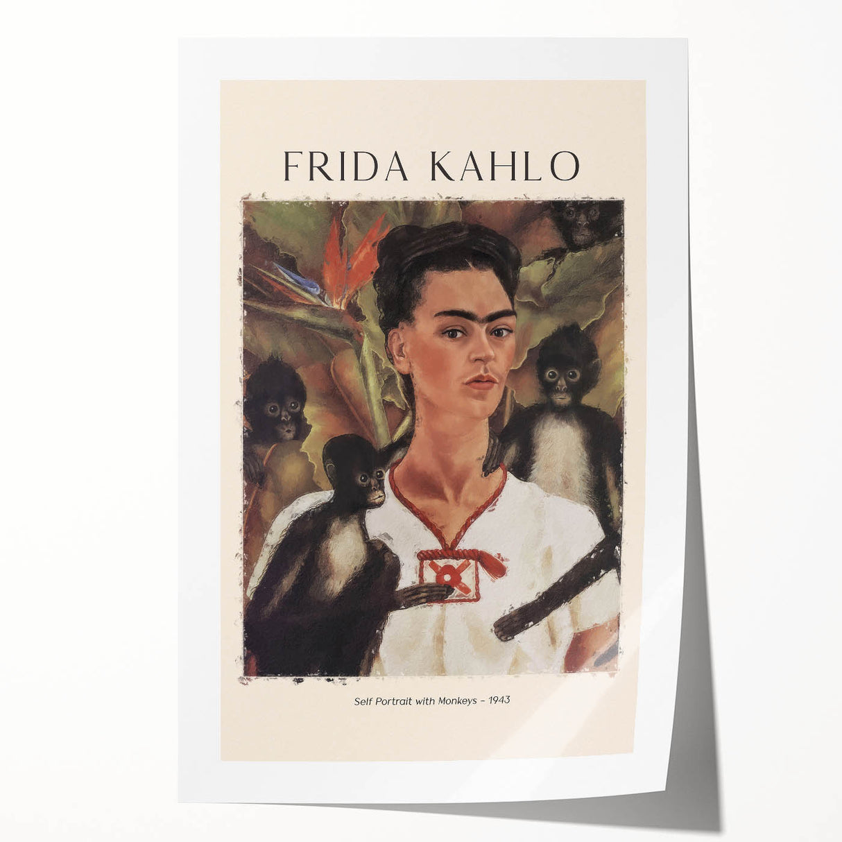 Rolled print of Frida Kahlo in a floral motif, using vibrant colors, ideal for art wall dining room.