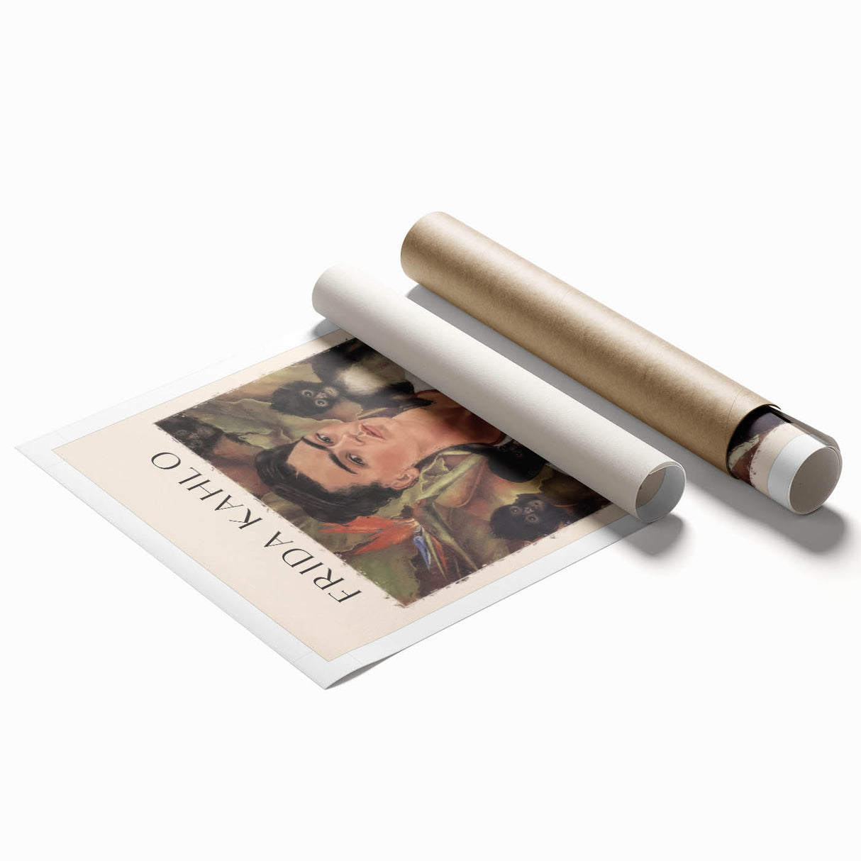 Rolled print of Frida Kahlo in an avant-garde style with vibrant floral elements, ideal for classy bathroom wall art.